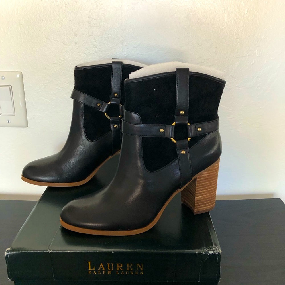 Lauren by Ralph Lauren boots, black leather & suede, 3.25”heel, slide in, size 9
